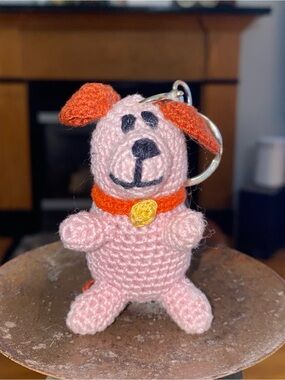 Handmade Pink Crochet Dog Keychain with Orange Collar